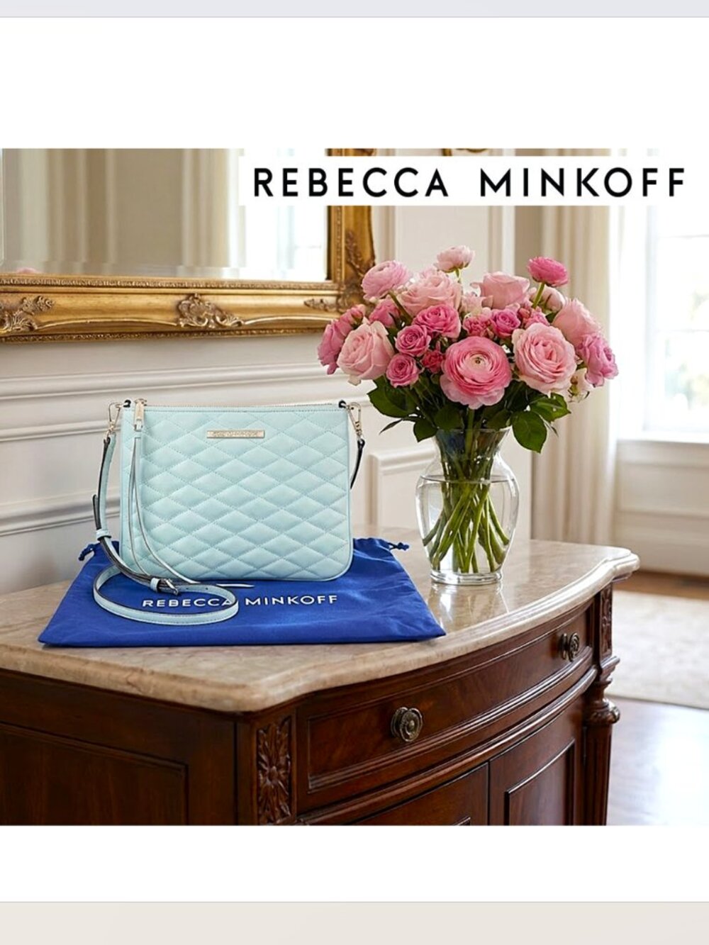 REBECCA MINKOFF - 100% leather quilted crossbody Love Kerry bag (tranquil blue)